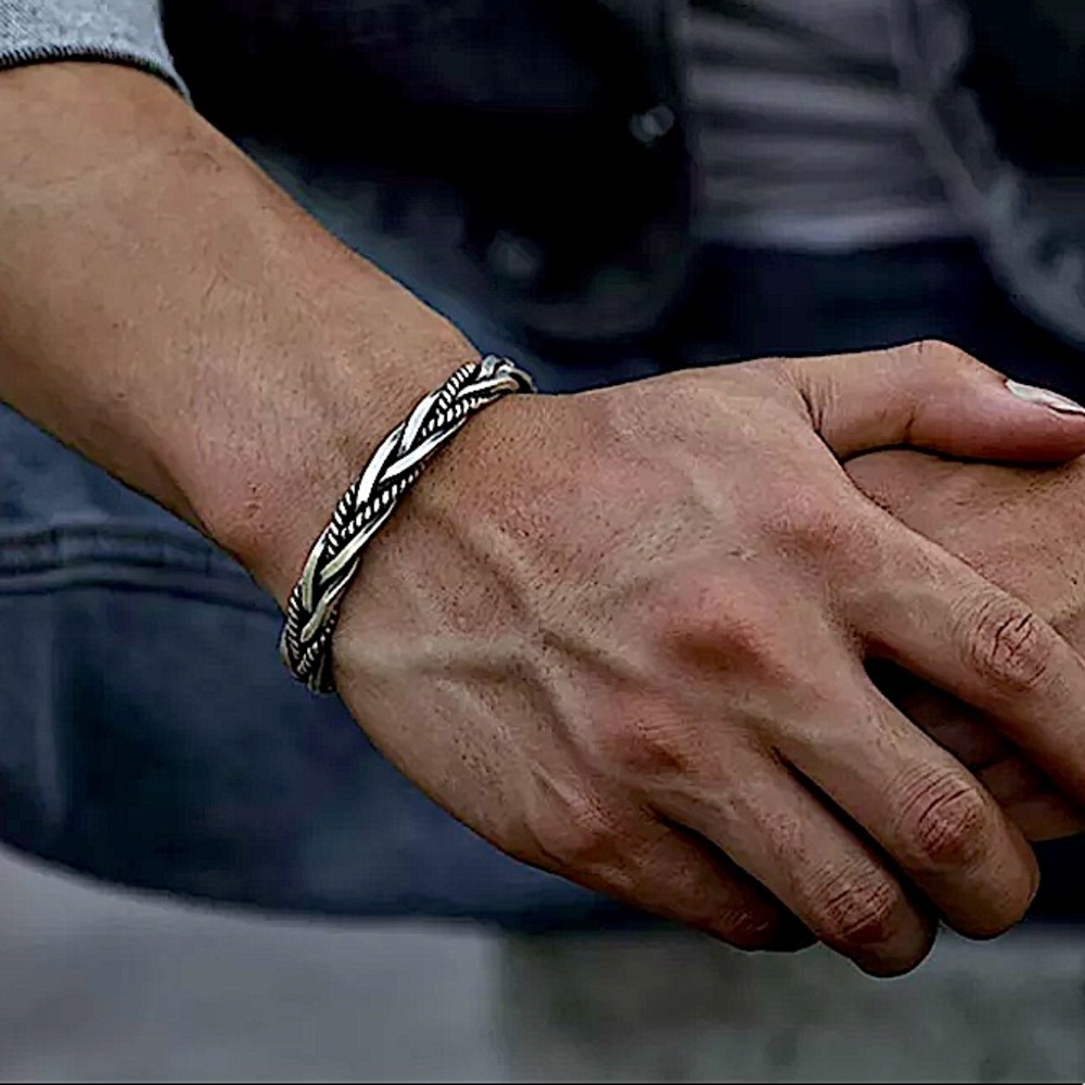 STERLING SILVER BRAIDED BANGLE CUFF BRACELET